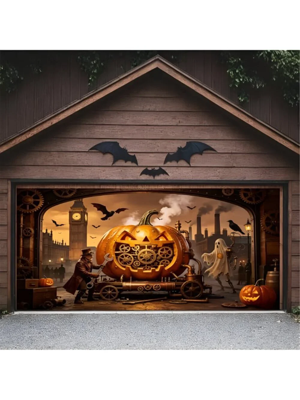 Halloween Garage Door Cover Decorations 13x6 Ft, Steampunk Mechanical Pumpkin
